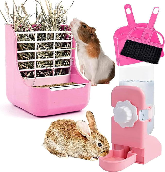 hercocci large white rabbit hay food bin feeder and bunny water bottle set with 500ml hanging dispenser