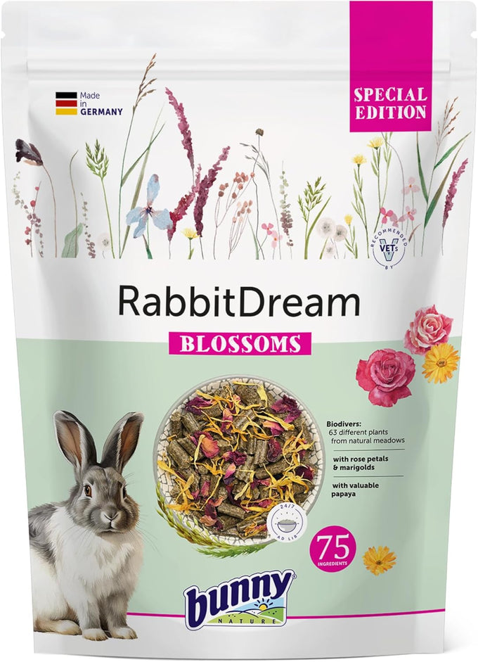 Bunny Nature Rabbit Food Pellets RabbitDream Blossoms, 63 Herbs, Grain Free, Digestive Health, 3.3 lbs