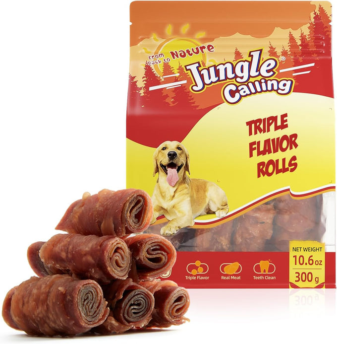jungle calling triple flavor rolls dog treats high protein rawhide free healthy easily digestible 10.6 oz
