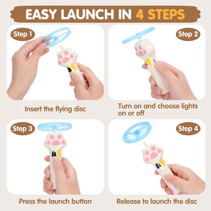 White Cat Fetch Toy with Rechargeable Flying Disc Launcher and 6 Glowing or Classic Discs