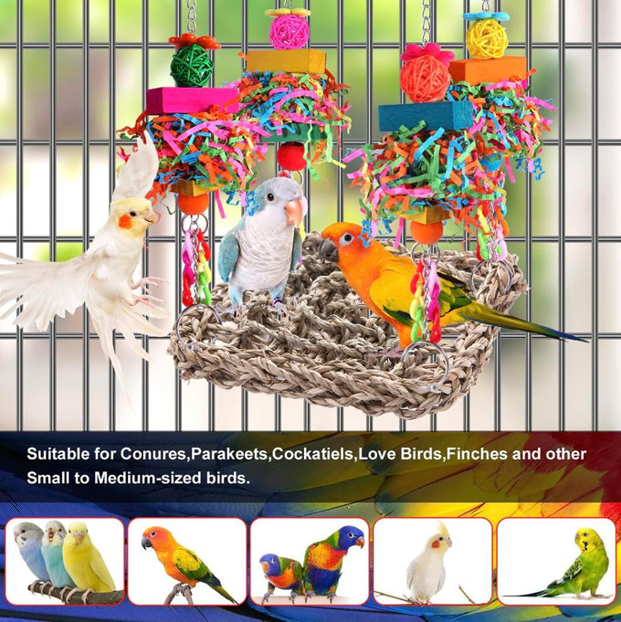 Parakeet bird toys, birdcage stands, and wall seagrass hammocks for lovebirds, cockatiel, budgie, and other small to medium-sized birds
