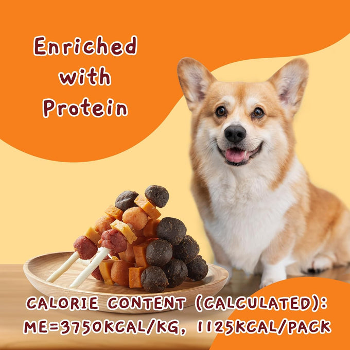 jungle calling multi-flavor kabob dog snacks, made with chicken, duck, beef, sweet potatoes, and pumpkin