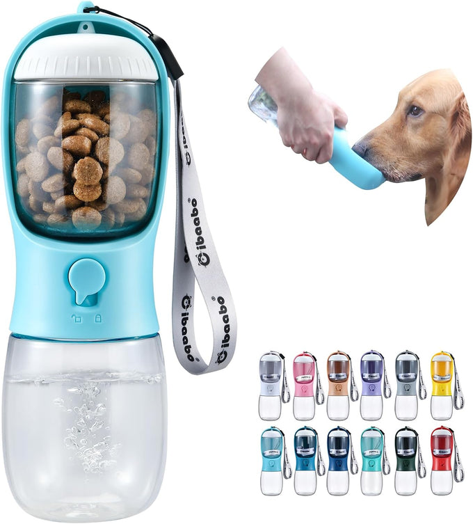 Cibaabo dog water bottle with food container, 10oz and 19oz capacity, leak proof lock and carbon filter, BPA free