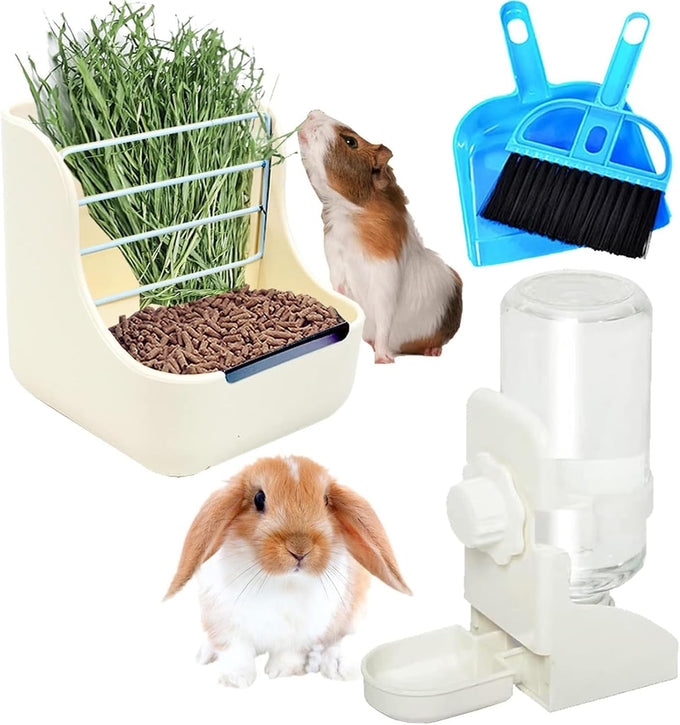 hercocci large white rabbit hay food bin feeder and bunny water bottle set with 500ml hanging dispenser