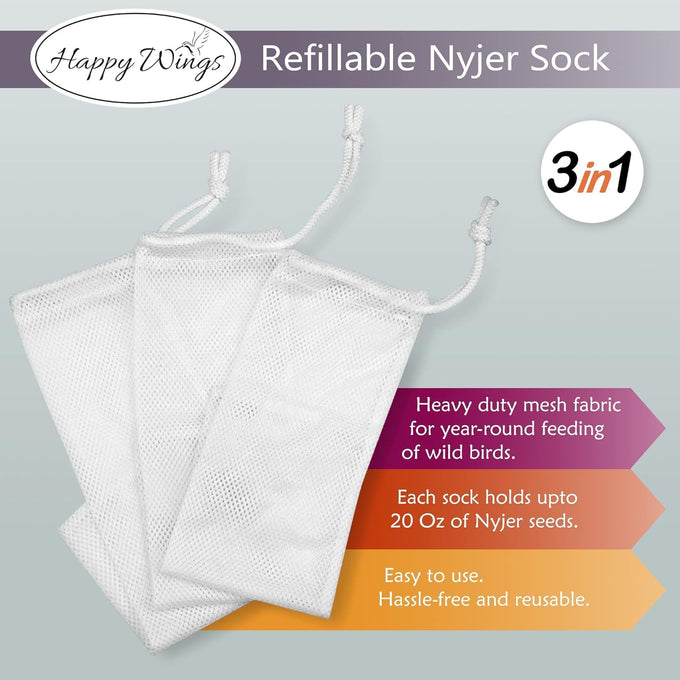 Happy Wings 5-pound Nyjer/Thistle Seeds with 3-pack Empty Sock Bird Feeders for Year-round Wild Bird Food Supply