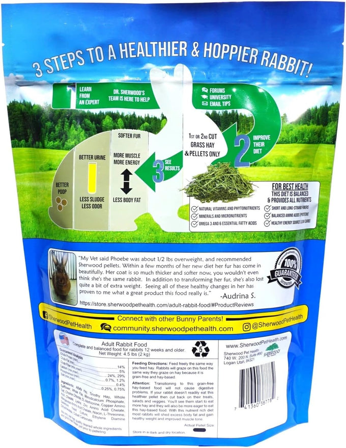Sherwood adult rabbit food, 4.5 lbs, alfalfa timothy hay-based blend, grain and soy-free for digestive health