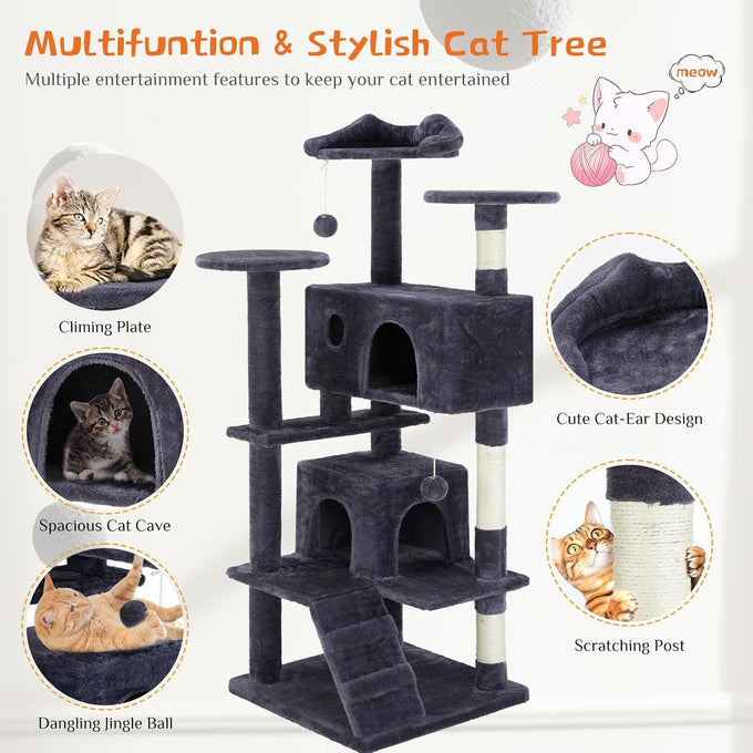 dark grey sweetcrispy 54 inch cat tree tower with scratching post and climbing ladder