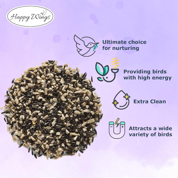 Happy Wings Finch Blend Bird Food, 5 Pounds, Mix of Sunflower Hearts/Kernels and Nyjer, No Grow Seed for Wild Birds