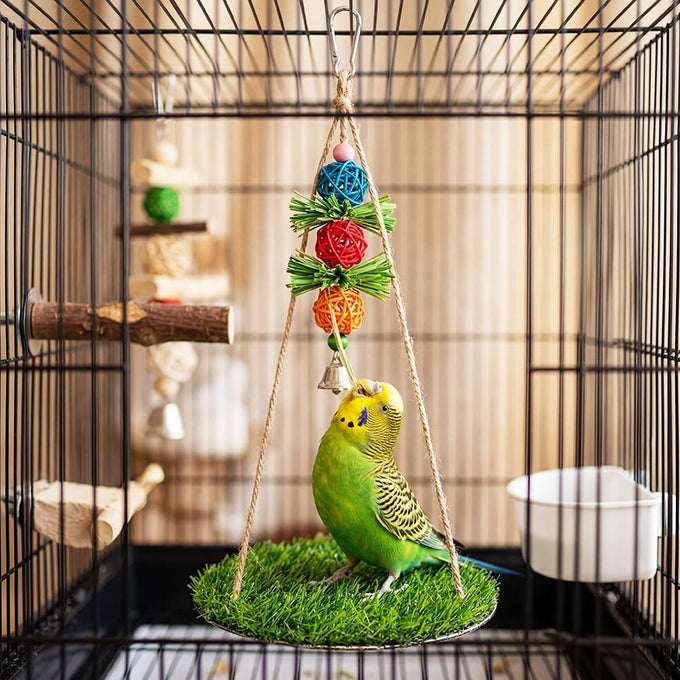 Bird Swing with Wooden Perch Stand for Parakeets, Cockatiels, Conures, Adjustable Rope and Rattan Chew Balls Cage Accessory
