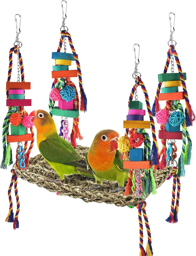 katumo seagrass bird swing mat with stainless chains and colorful toys for small parrots
