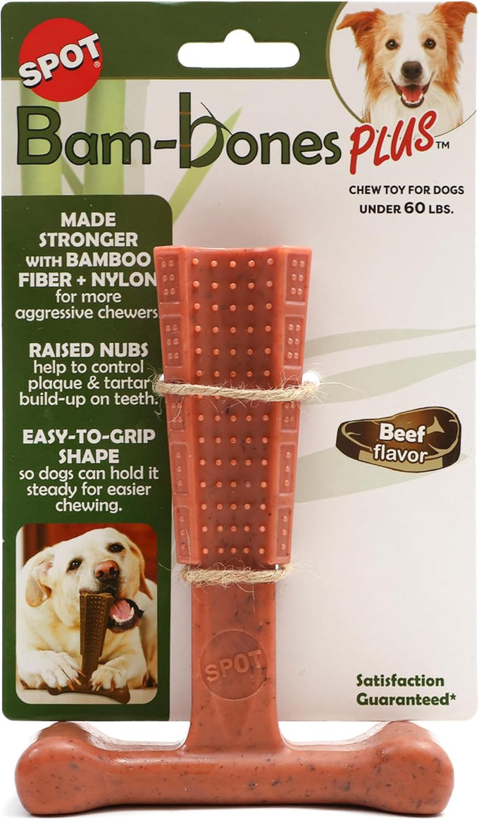 SPOT Bam-Bones Plus T Bone Bamboo Fiber Nylon Dog Chew Toy for Moderate Aggressive Chewers Durable Long Lasting Non-Splintering Beef Flavor 6 in