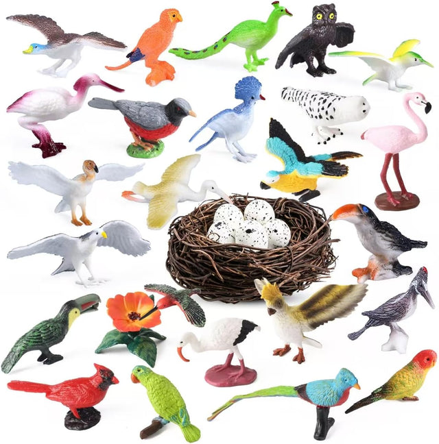30-piece bird figurine set, assorted realistic bird wildlife toys, durable plastic, BPA-free resin, 2-5 inches, assorted colors, 30 pieces total
