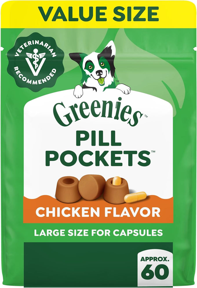 Greenies pill pockets for large size dogs, chicken flavor, 15.8 oz pouch, easy to use medicating treats