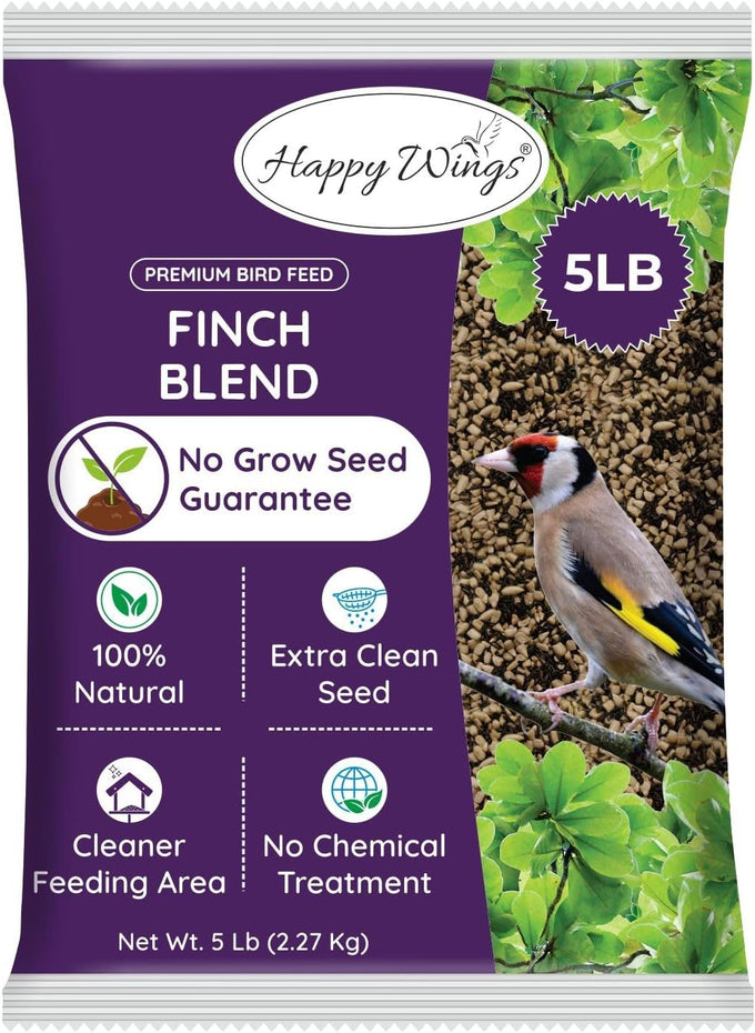 Happy Wings Finch Blend Bird Food, 5 Pounds, Mix of Sunflower Hearts/Kernels and Nyjer, No Grow Seed for Wild Birds