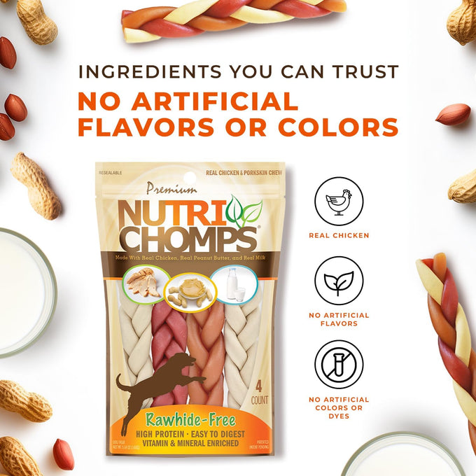 NutriChomps 6-inch Rawhide-Free Dog Treats, Healthy, Real Chicken, Peanut Butter and Milk Flavors, Pack of 4