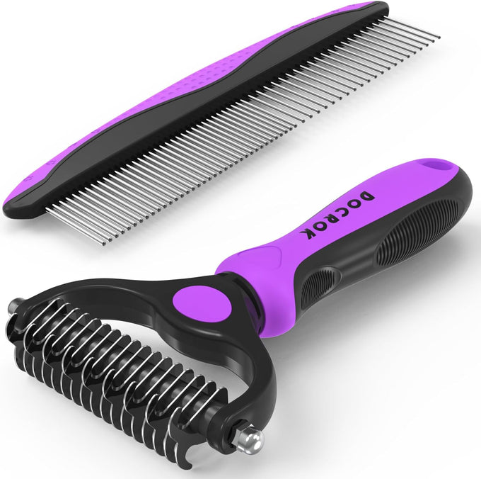 Docrok pet grooming combo with metal comb for detangling and dematting long fur on dogs and cats, blue