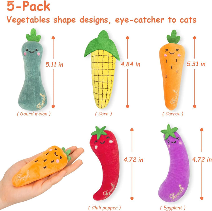 etyker plush catnip toys, 5 pack, indoor kitten kitty toys, interactive veggie shape cat kicker chew toys