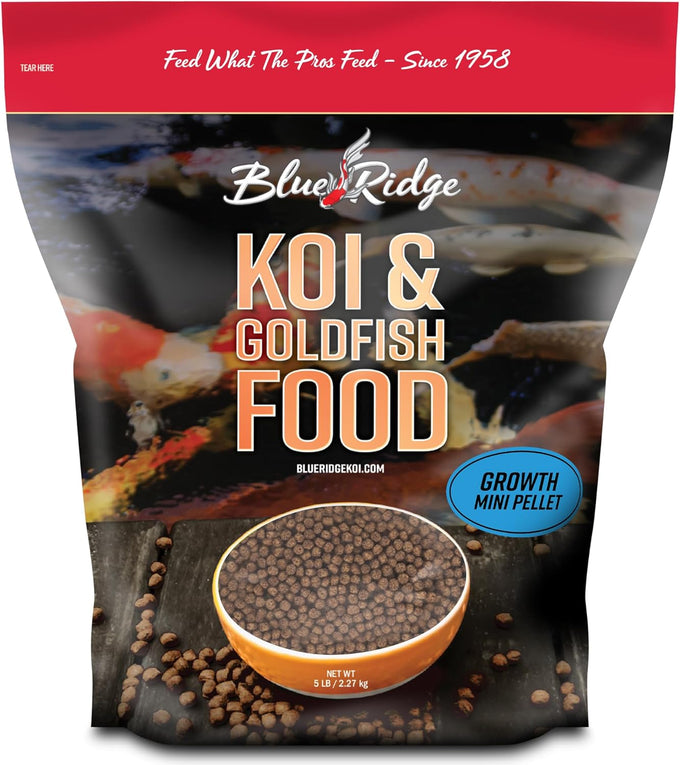 Blue Ridge Koi Fish Food 5lb - Mini Growth Formula for Koi and Goldfish in Ponds, Premium Floating Pellets
