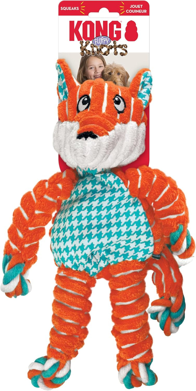 Kong Floppy Knots fox medium large dog tug toy with internal knotted rope and minimal stuffing