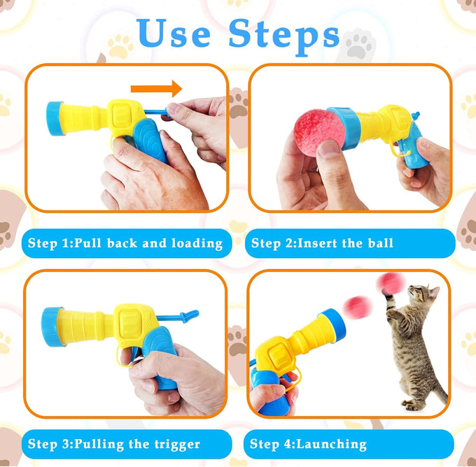 2 Cat Toy Launchers & 100 Cat Pom Pom Balls in Macaroon Colors, Silent Plush Elastic Balls for Kitty