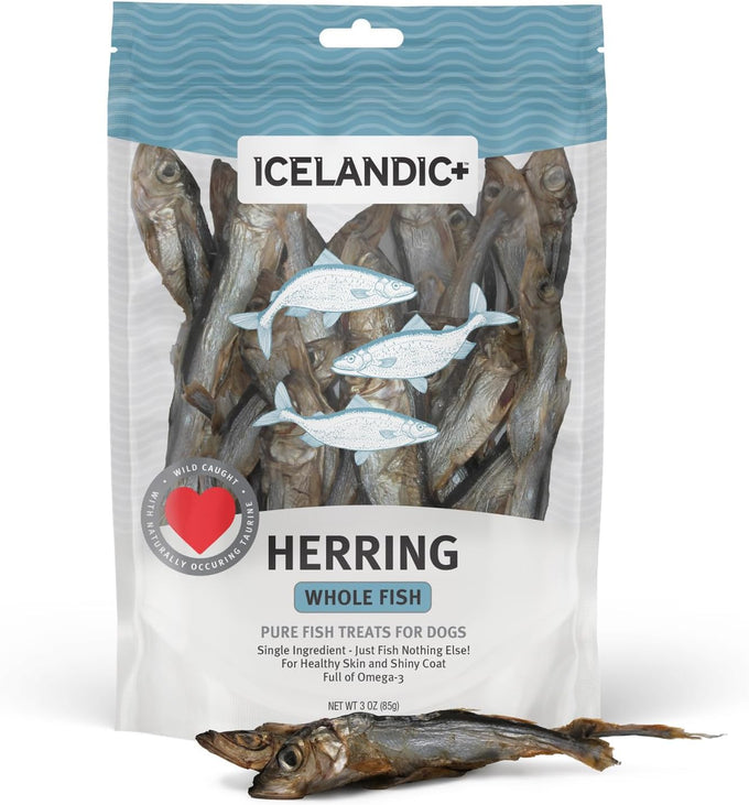 Icelandic+ Whole Fish Herring Dog Treats: 3oz Bag, Pure Wild-Caught, Air-Dried. Single Ingredient Snack, Rich in Protein & Omega-3s for Healthy Skin & Coat.
