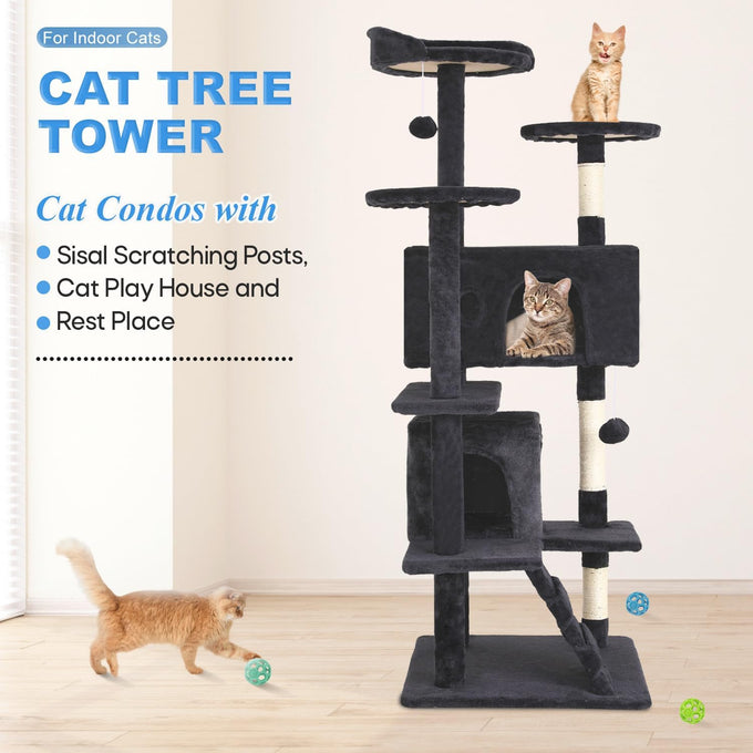 FDW 54 Inch Dark Gray Cat Tree Tower with Sisal Scratching Posts and Condos for Kittens and Adult Cats