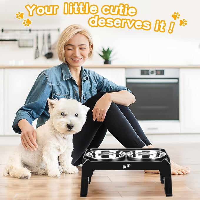Comeso Elevated Dog Bowls for Small Medium Dogs with 3-Height Adjustable Stand and 2 Stainless Steel Bowls, Black
