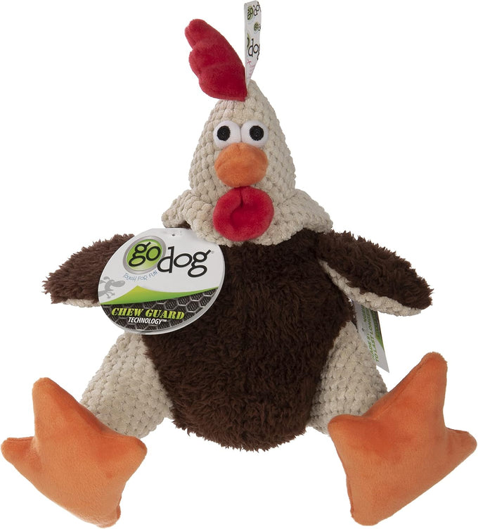 goDog Checkers Fat Rooster Durable Plush Soft Chew Resistant Dog Toy, Brown, Large