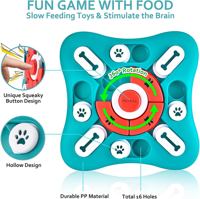 petsta dog puzzle toy, 10 inch x 10 inch x 1.3 inch, squeak button, 16-hole treat dispenser