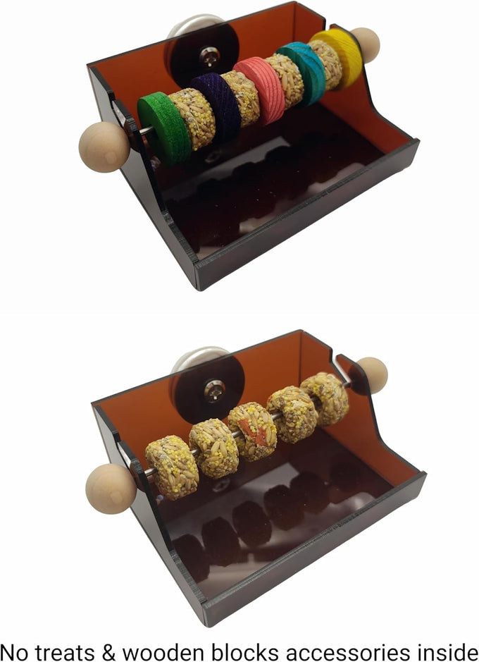 Triple Cup Parrot Feeding Toy with Portion Control System for Small-Medium Parrots, Wood and Acrylic Base, Easy Maintenance