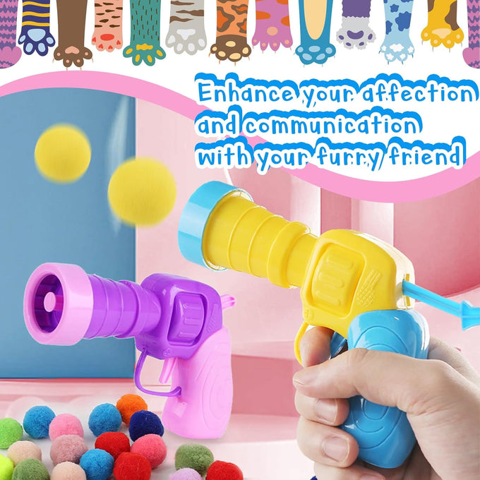 2 Cat Toy Launchers & 100 Cat Pom Pom Balls in Macaroon Colors, Silent Plush Elastic Balls for Kitty