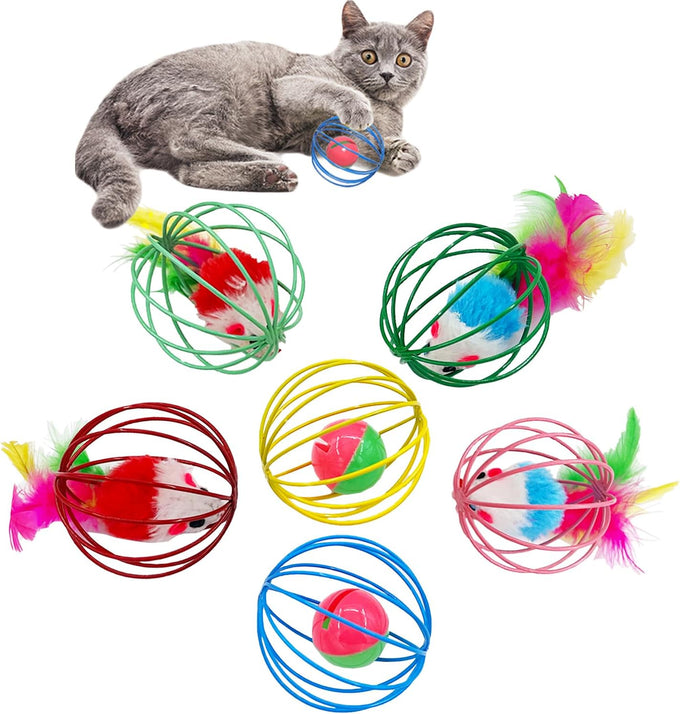 Cat Toys 6 Packs Interactive Metal Cage Balls for Indoor Cats, Mice, Bells, and Feather Mouse Toys