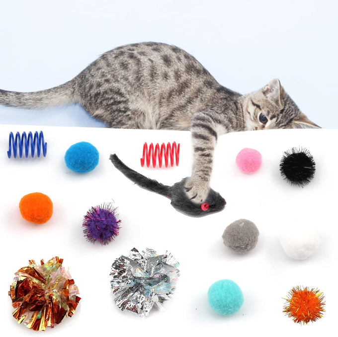 60-piece assorted cat toy set with kitten, mouse, crinkle, and pom pom balls