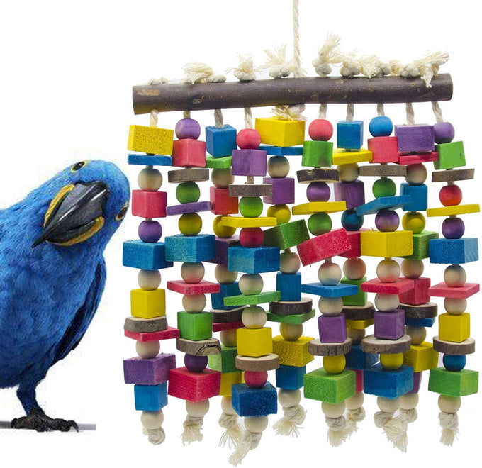 Deloky multicolored natural wooden bird parrot chewing toy for large macaws, cockatoos, african greys and amazon parrots