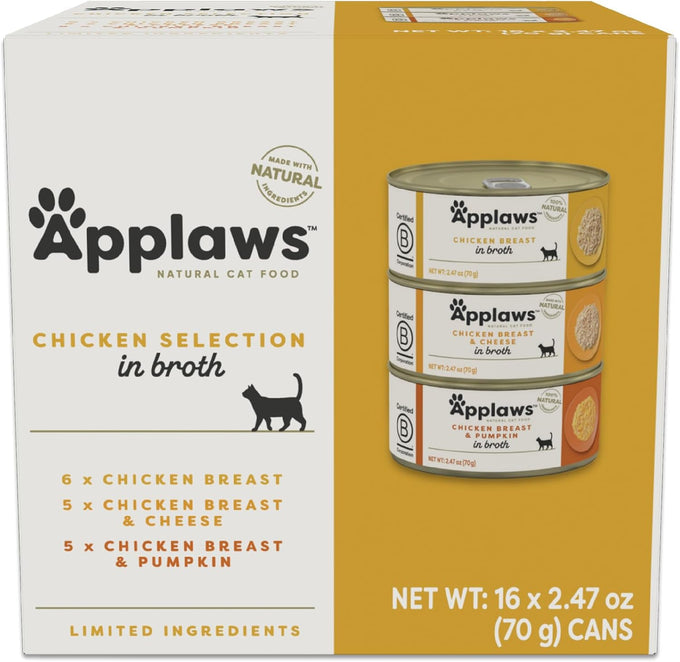 Applaws Natural Wet Canned Cat Food, Limited and Natural Ingredients, High Protein with No Artificial Additives, Fish Selection Variety Pack in Broth (16 x 2.47oz Cans)