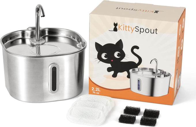 kittySpout stainless steel cat water fountain, 3.2L corded, automatic, quiet, dishwasher safe, 304 stainless steel, 1.5W pump, 20dB noise level