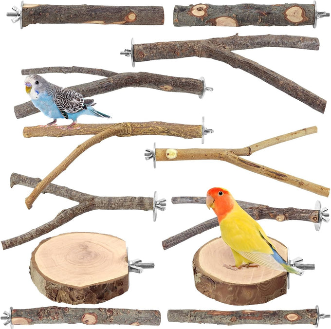 8 PCS natural apple wood bird perch set for small birds - parakeets, budgies, cockatiels - safe chew toys & climbing stand