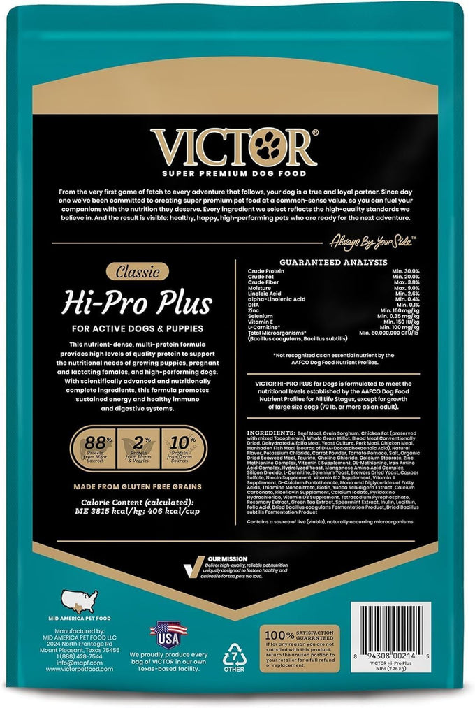 VICTOR Super Premium Dog Food – Hi-Pro Plus Dry Kibble – High Protein Dog Food with 30% Protein – Beef, Chicken, Pork, Fish Meals, Gluten Free - for High Energy and Active Dogs & Puppies, 5lbs