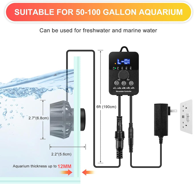 24V 12W 2100GPH mini aquarium wavemaker with controller, magnetic mounting for 50-100 gallon tank