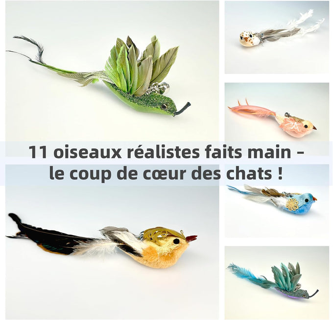 Realistic handcrafted 11 birds cat toy refills with bell, clips for wand attachments, indoor cat entertainment