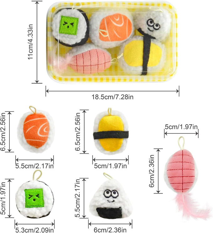 5pcs cute sushi plush catnip toys with bell and feathers for indoor cat boredom relief