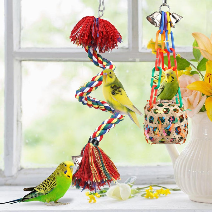 Colorful parrot toys set with bell, rope perch, and foraging toys for Conure, Cockatiel, Budgies, Lovebird
