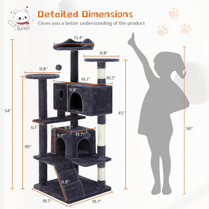 dark grey sweetcrispy 54 inch cat tree tower with scratching post and climbing ladder
