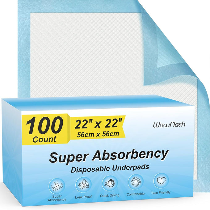 22" x 22" Leakproof Quick Drying Disposable Underpads for Baby, Puppy, and Adult Protection