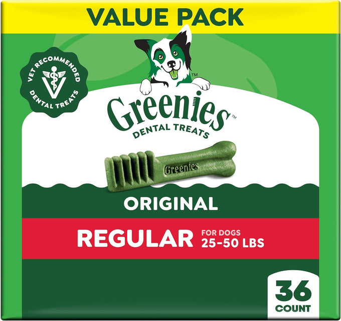 greenies veterinarian-recommended adult natural dental dog treats, regular size, 36 oz pack, 36 count, original flavor