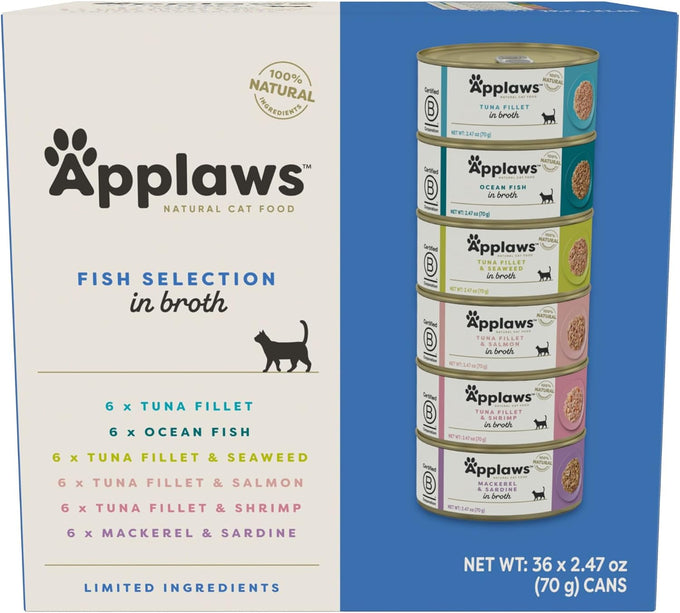 Applaws Natural Wet Canned Cat Food, Limited and Natural Ingredients, High Protein with No Artificial Additives, Fish Selection Variety Pack in Broth (16 x 2.47oz Cans)