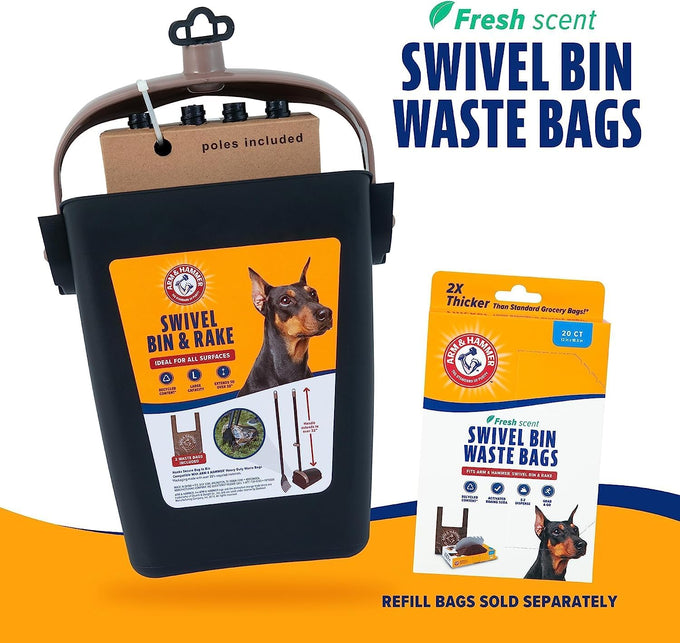 Arm & Hammer Dog Pooper Scooper Swivel Bin & Rake, Black, 32-inch Adjustable Handle, Heavy Duty Scented Waste Bags Included