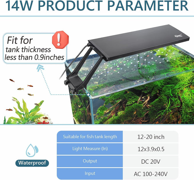 hygger 14w clip on aquarium LED light with 7 colors and adjustable timer for planted tank 12~20in