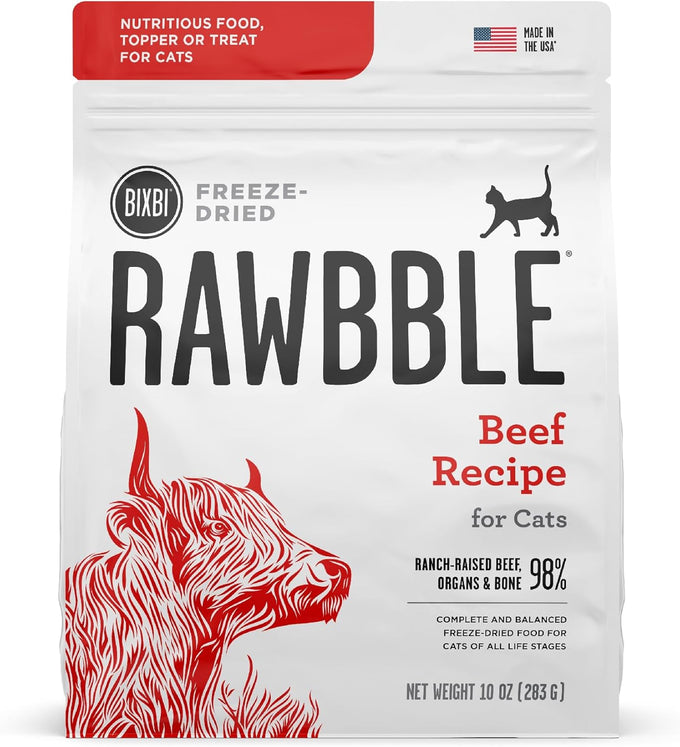 bixbi rawbble freeze-dried beef cat food 97% meat and organs no fillers pantry-friendly usa made in small batches