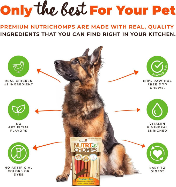 Nutri Chomps Dog Chews, Rawhide-Free, Real Chicken, Peanut Butter & Milk Flavors, 15 Count